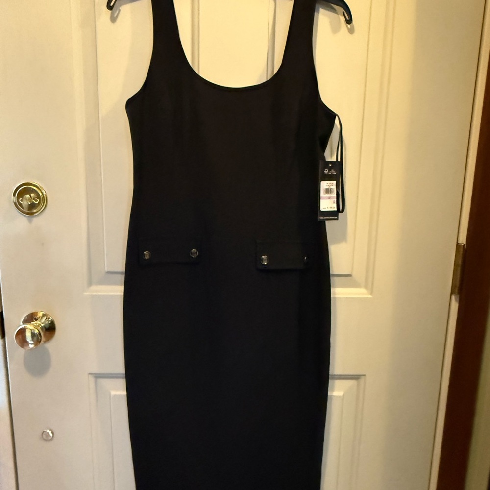 Karl Lagerfeld Black Sleeveless Midi Sheath Dress with Flap Pocket Detail